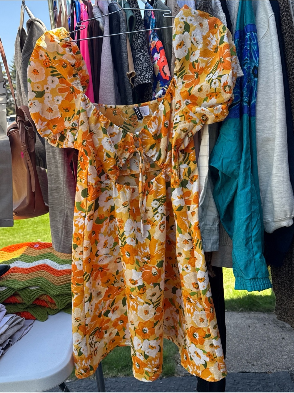 H&M Yellow & Orange Floral Puff-Sleeve Dress